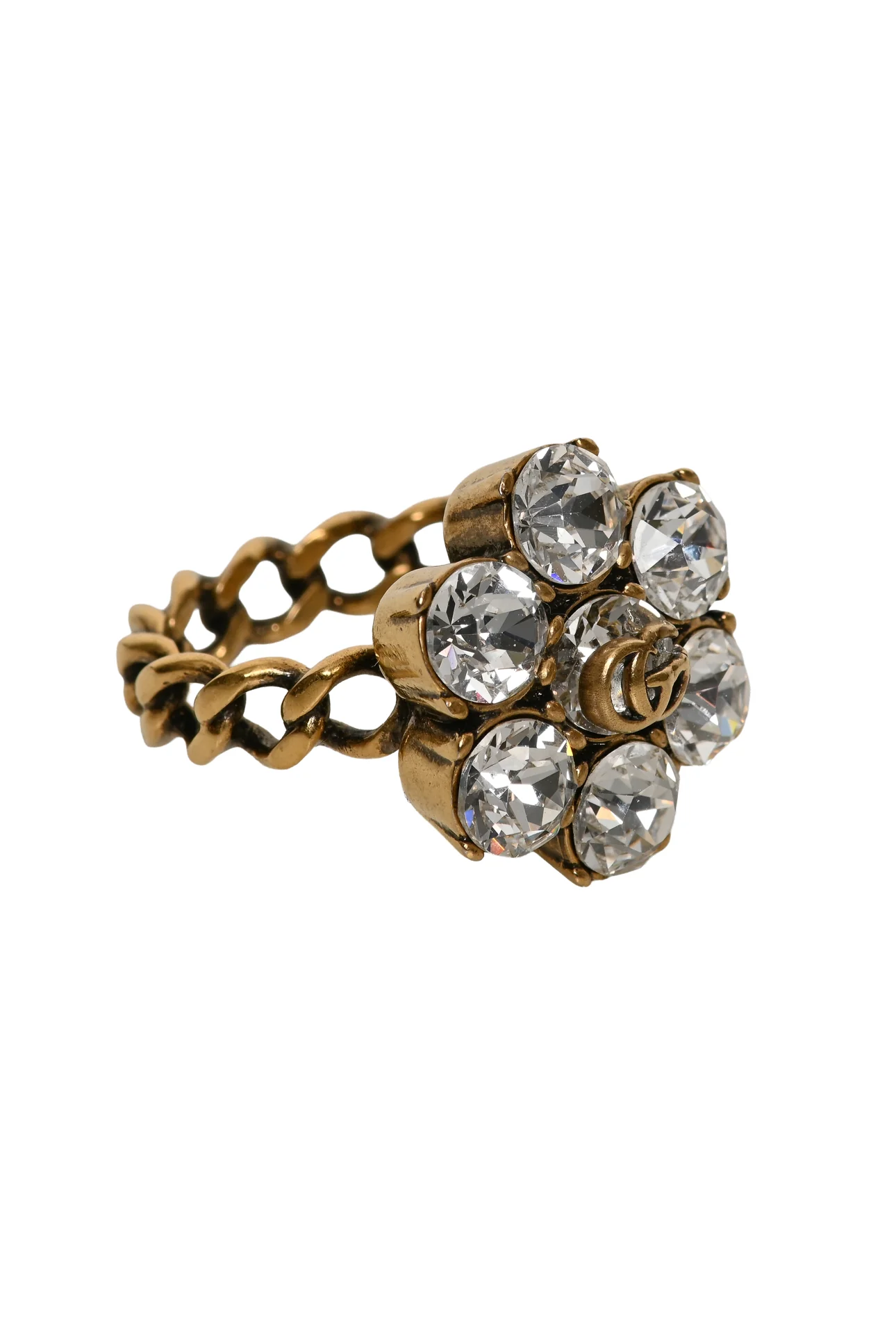 Gucci Size 8 Aged Gold Tone Metal Crystal Double G Flower Ring - Image 2