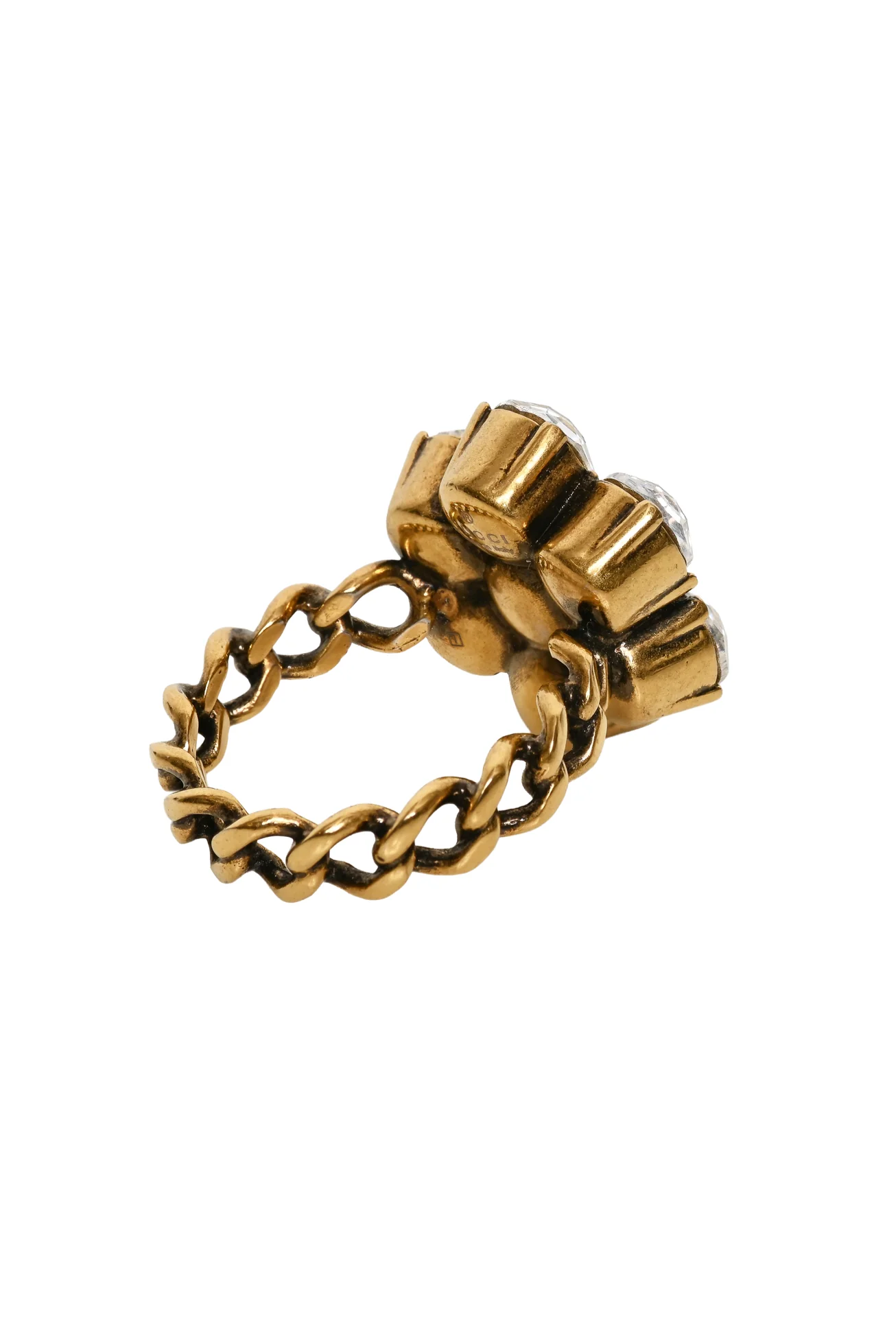 Gucci Size 8 Aged Gold Tone Metal Crystal Double G Flower Ring - Image 3