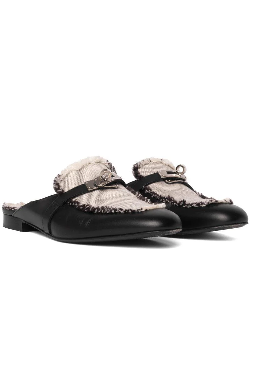 Hermes Size 38 Toile Calfskin Fringe Oz Mules - Image 2