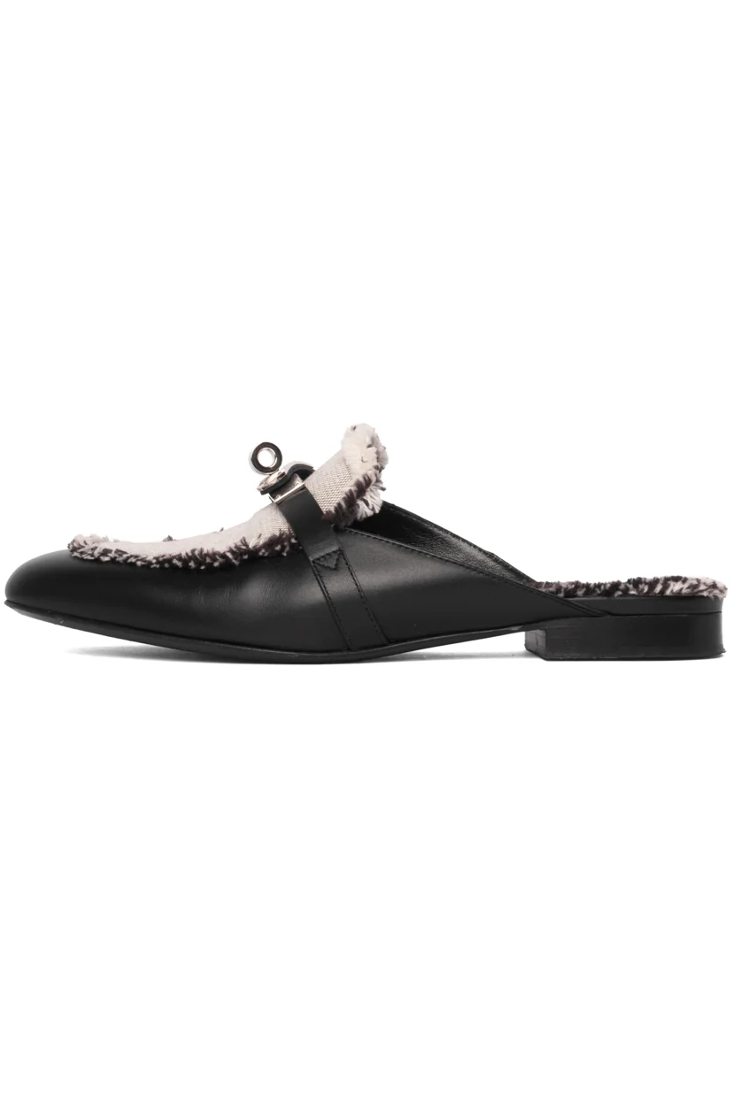 Hermes Size 38 Toile Calfskin Fringe Oz Mules - Image 3