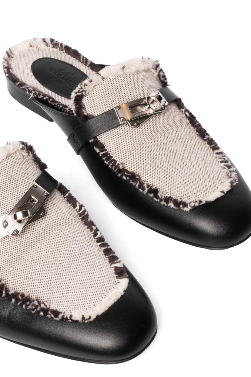 Hermes Size 38 Toile Calfskin Fringe Oz Mules - Image 5