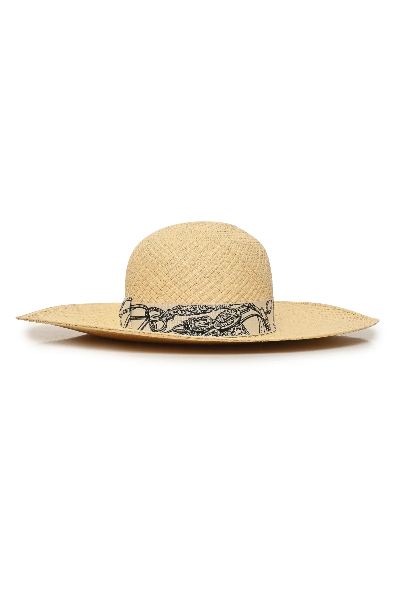 Hermes Size 58 Carrousel Brides De Gala Printed Ribbon Panama Straw Hat
