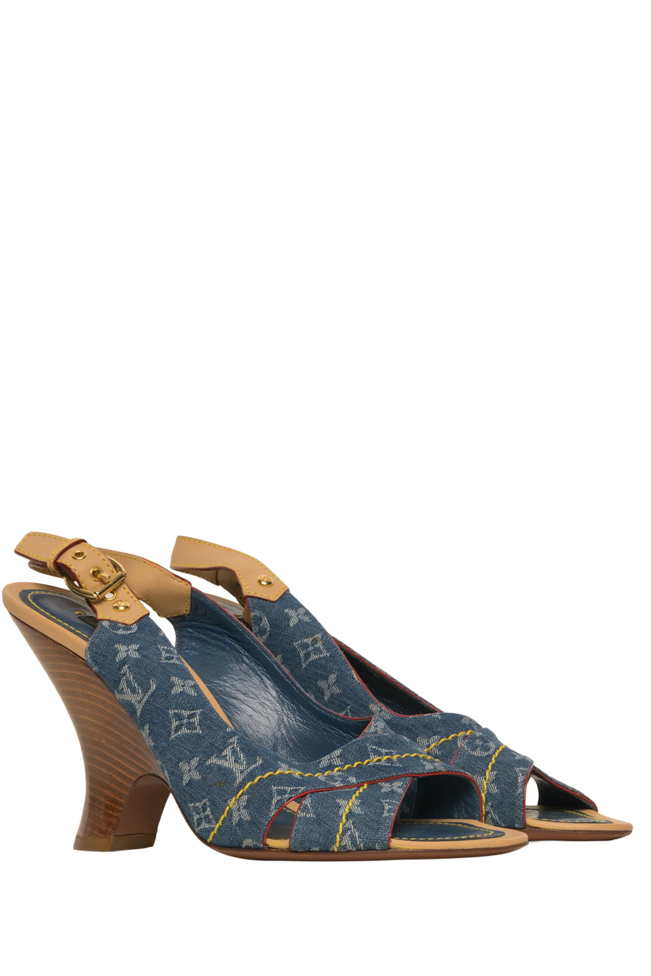 Louis Vuitton Size 37.5 LV Monogram Denim Slingback Heeled Sandals - Image 2