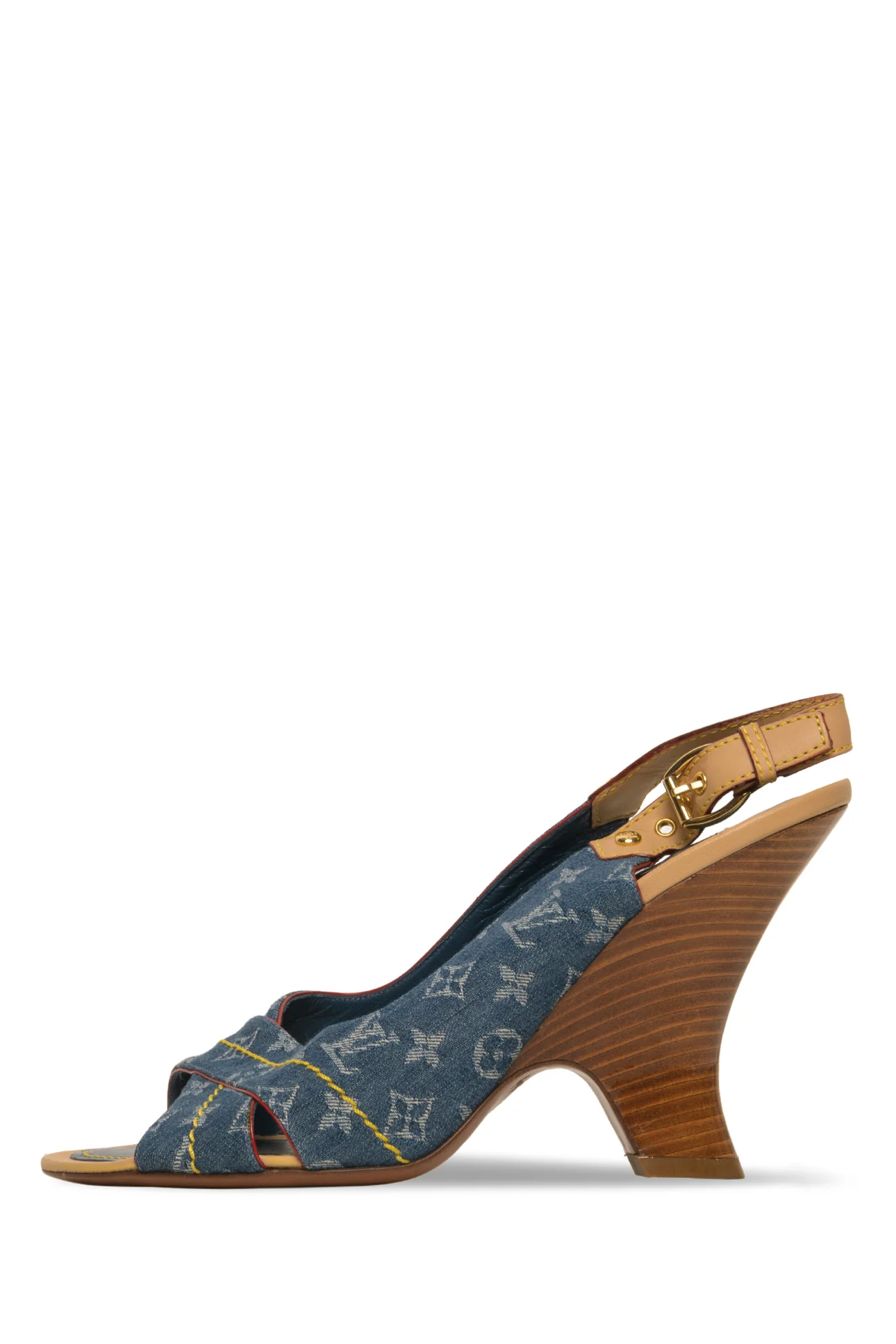 Louis Vuitton Size 37.5 LV Monogram Denim Slingback Heeled Sandals - Image 3