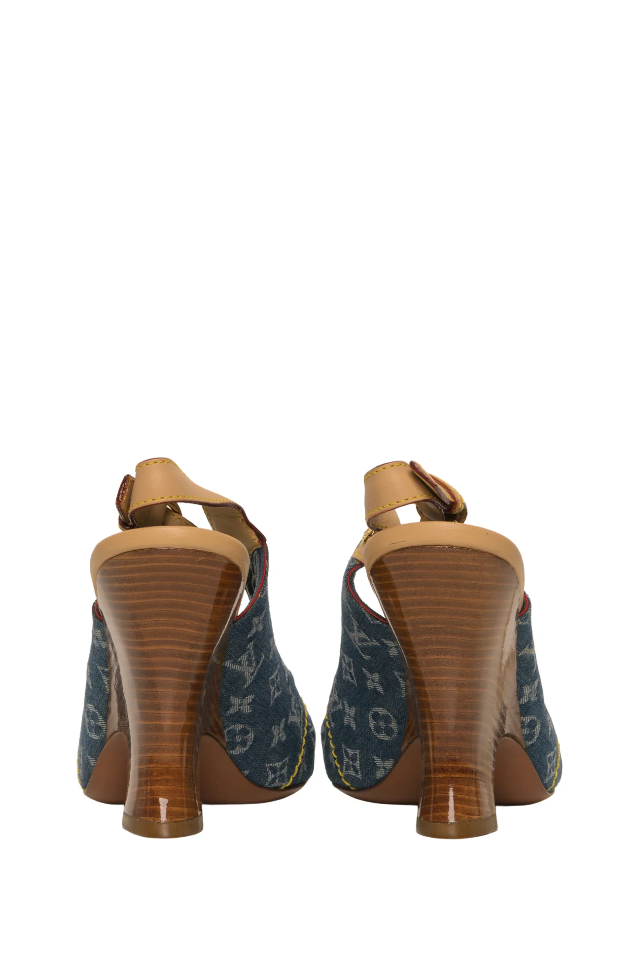 Louis Vuitton Size 37.5 LV Monogram Denim Slingback Heeled Sandals - Image 4