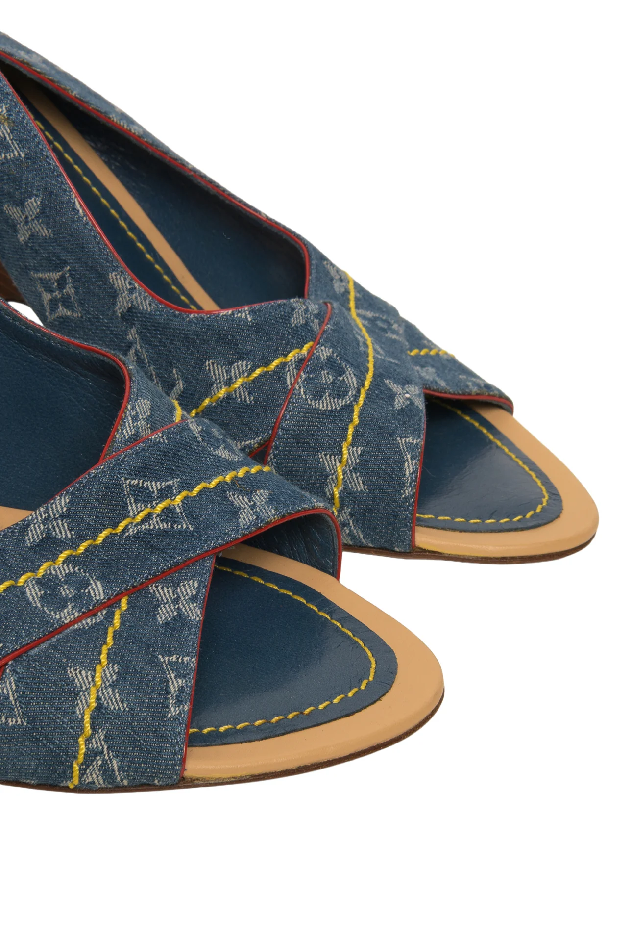 Louis Vuitton Size 37.5 LV Monogram Denim Slingback Heeled Sandals - Image 5