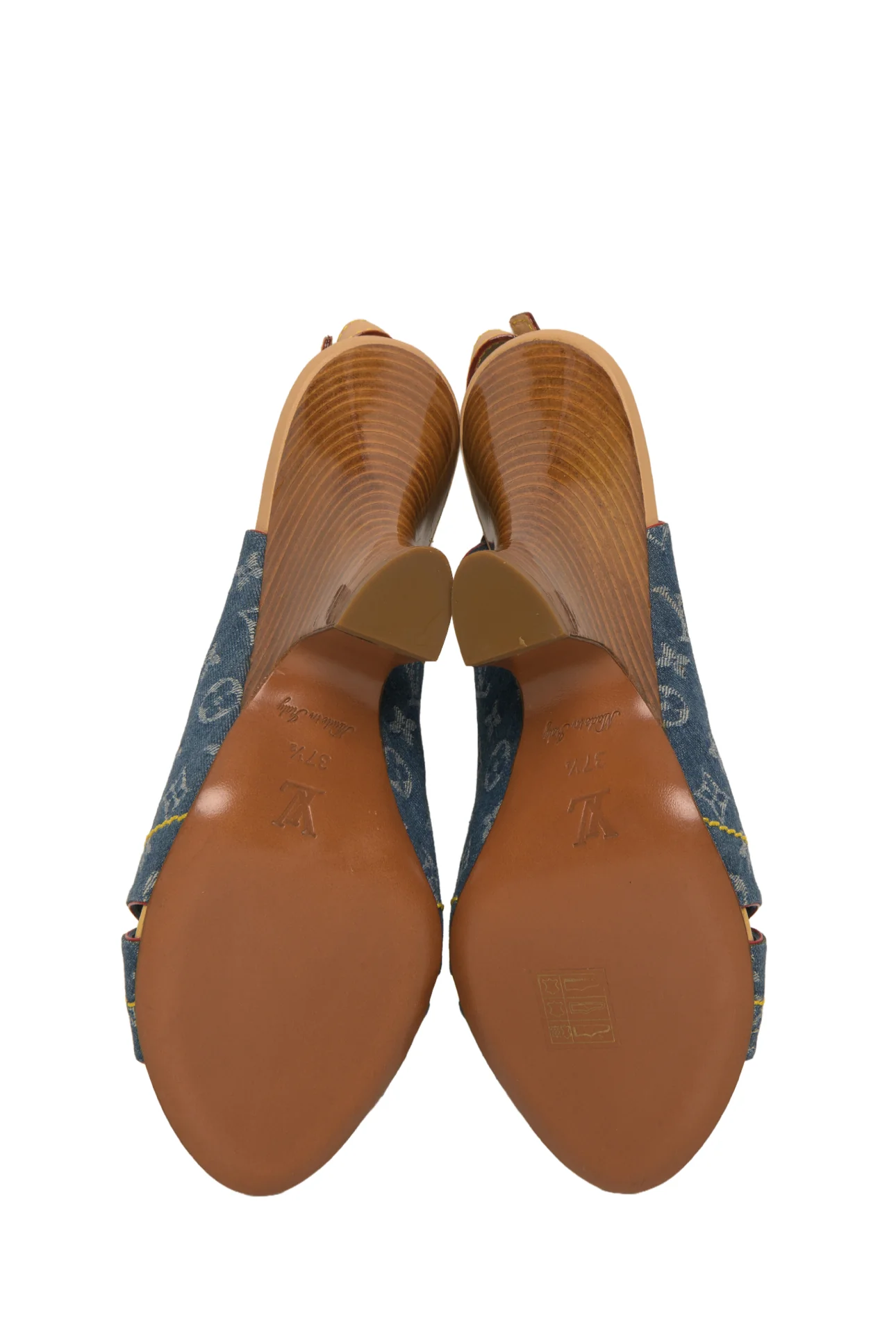 Louis Vuitton Size 37.5 LV Monogram Denim Slingback Heeled Sandals - Image 6
