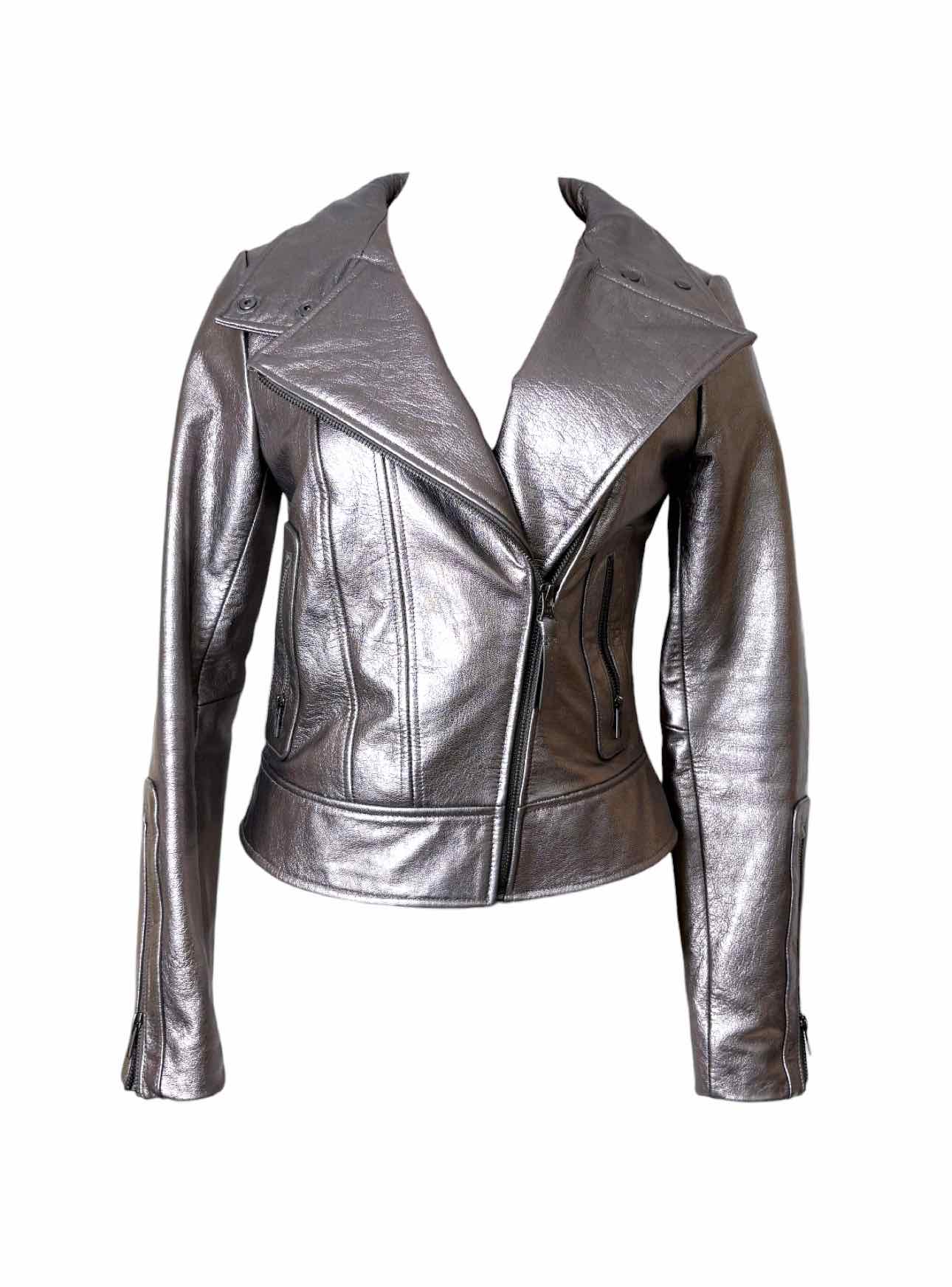 Mackage Size S Metallic Silver Leather Moto Jacket