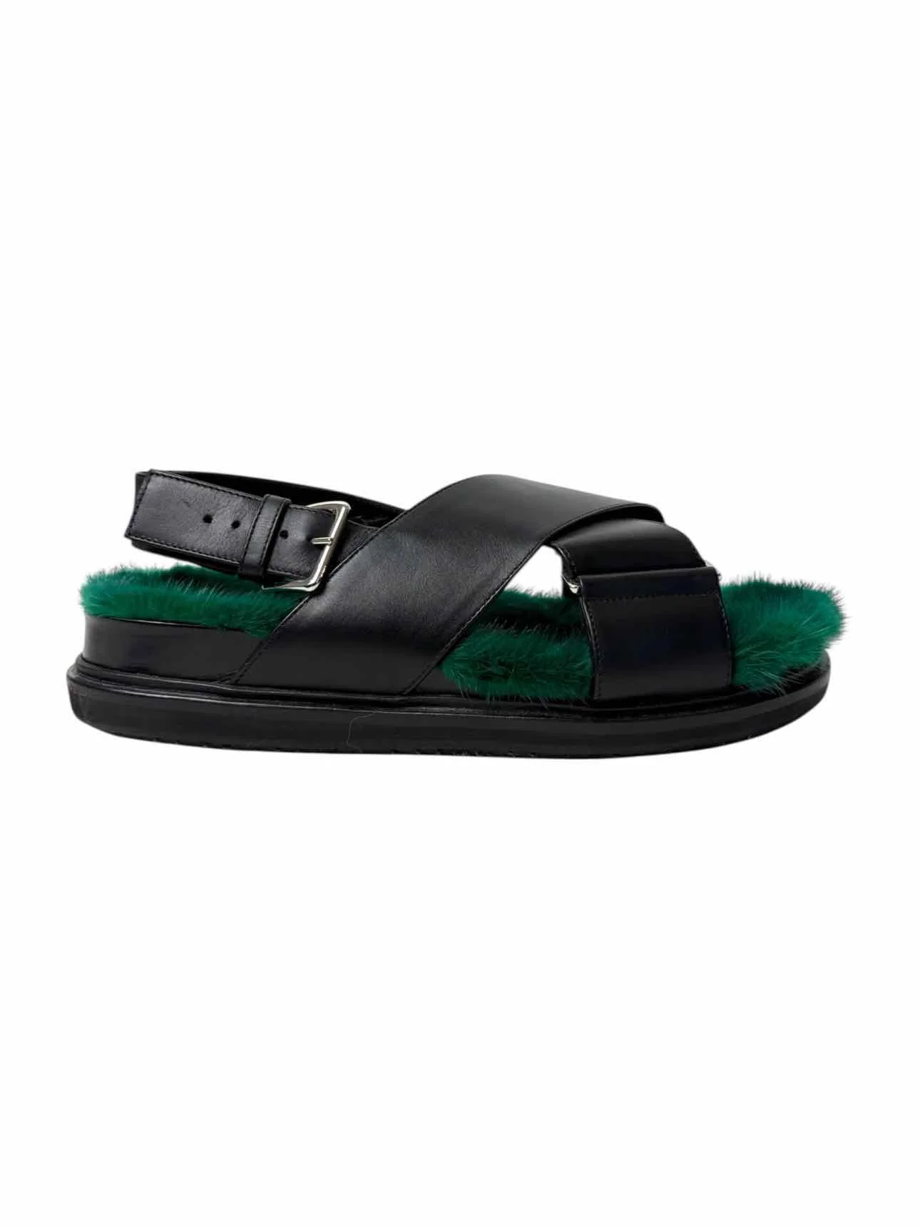 Marni Fussbett Size 39.5 Green Fur Lined Leather Sandals