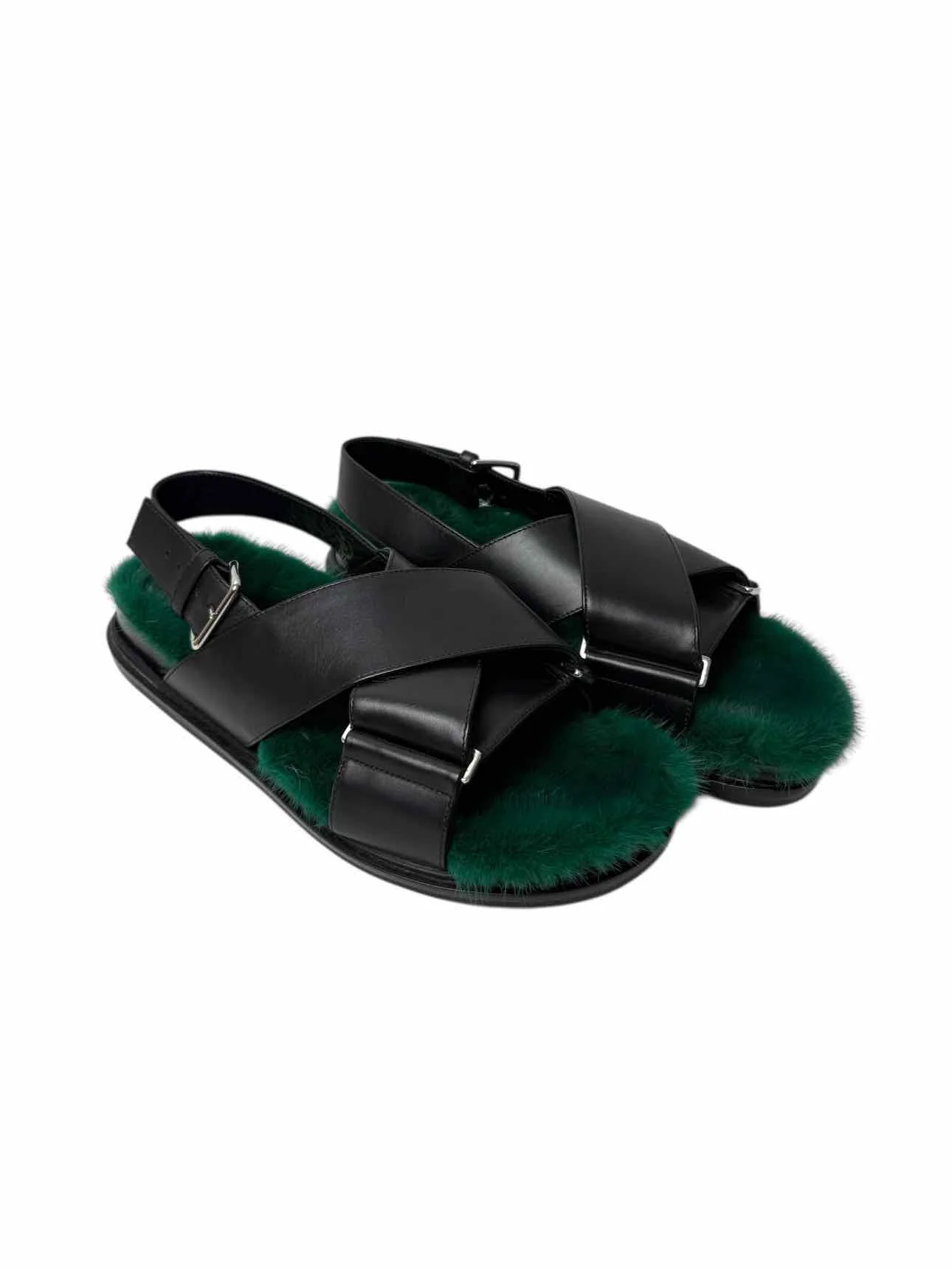 Marni Fussbett Size 39.5 Green Fur Lined Leather Sandals - Image 2