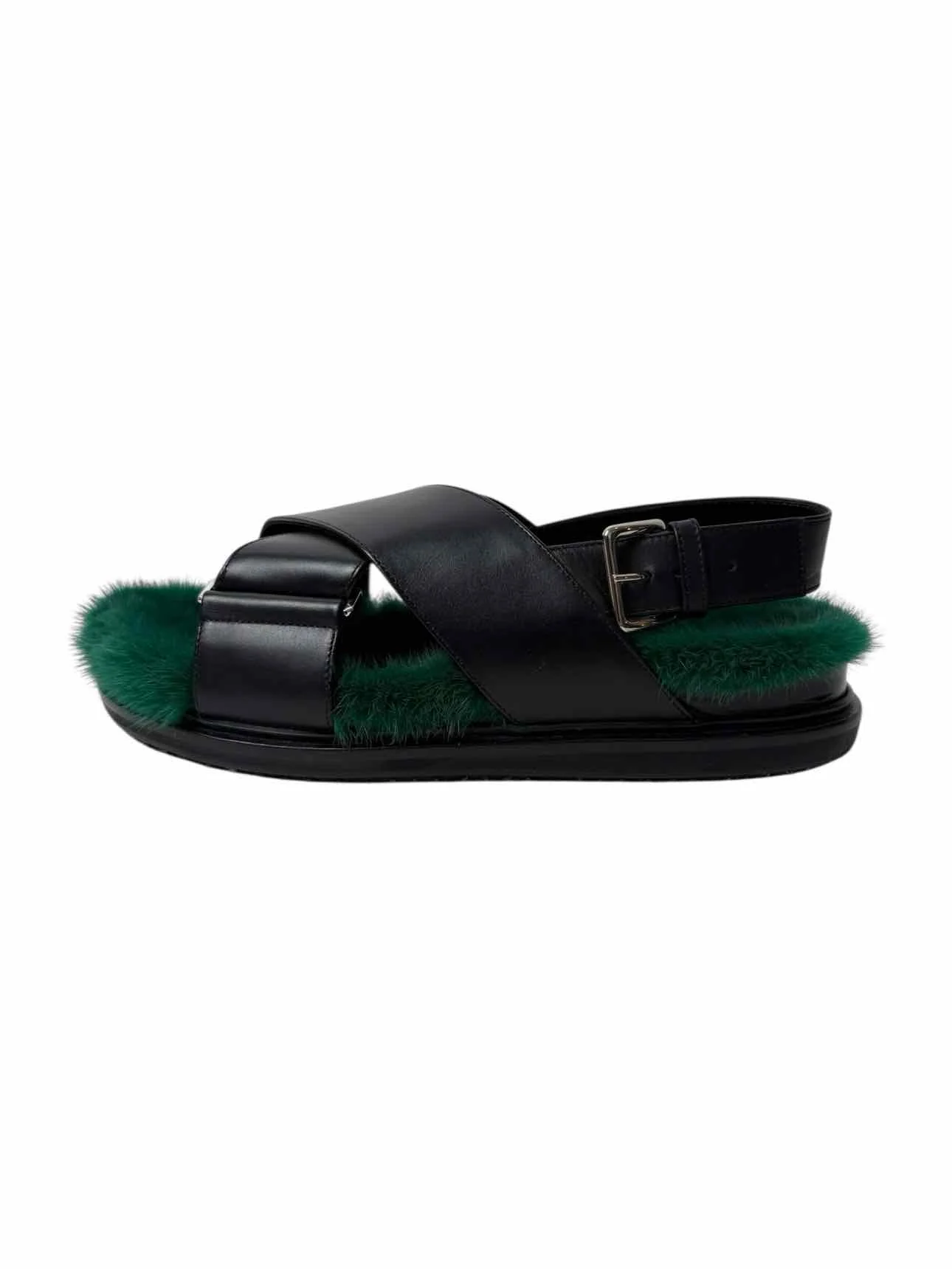 Marni Fussbett Size 39.5 Green Fur Lined Leather Sandals - Image 3