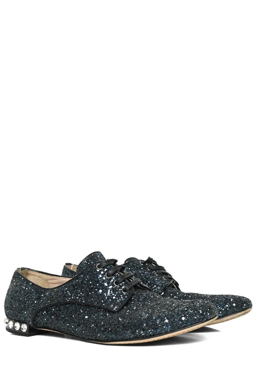 Miu Miu Size 37 Lace Up Glitter & Crystal Flats - Image 2