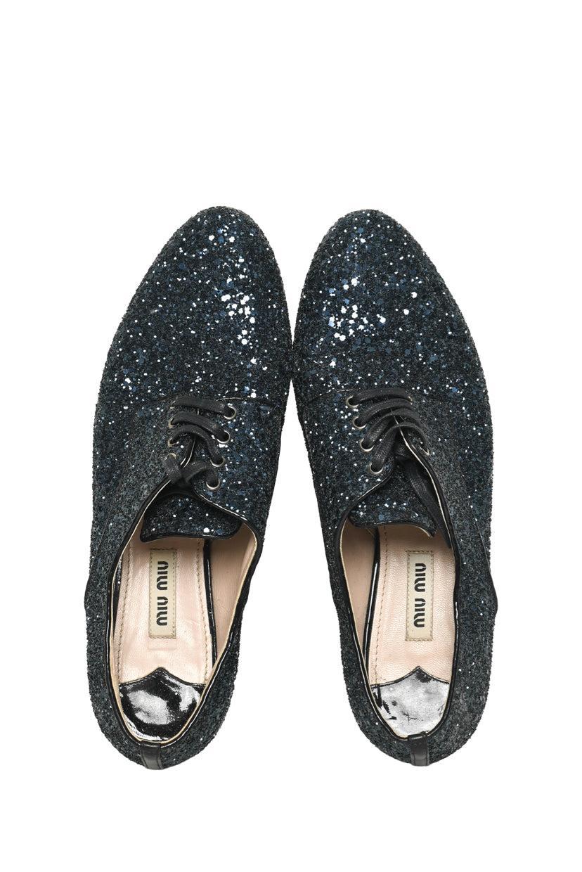 Miu Miu Size 37 Lace Up Glitter & Crystal Flats - Image 6