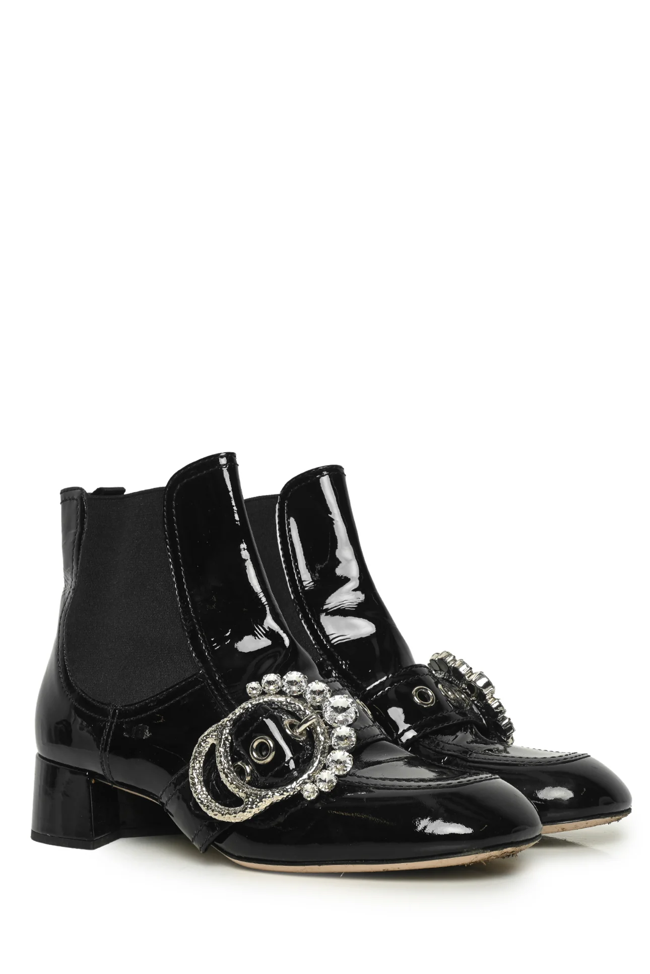 Miu Miu Size 39 Crystal Embellished Buckle Patent Leather Pull-On Ankle Boots - Image 2