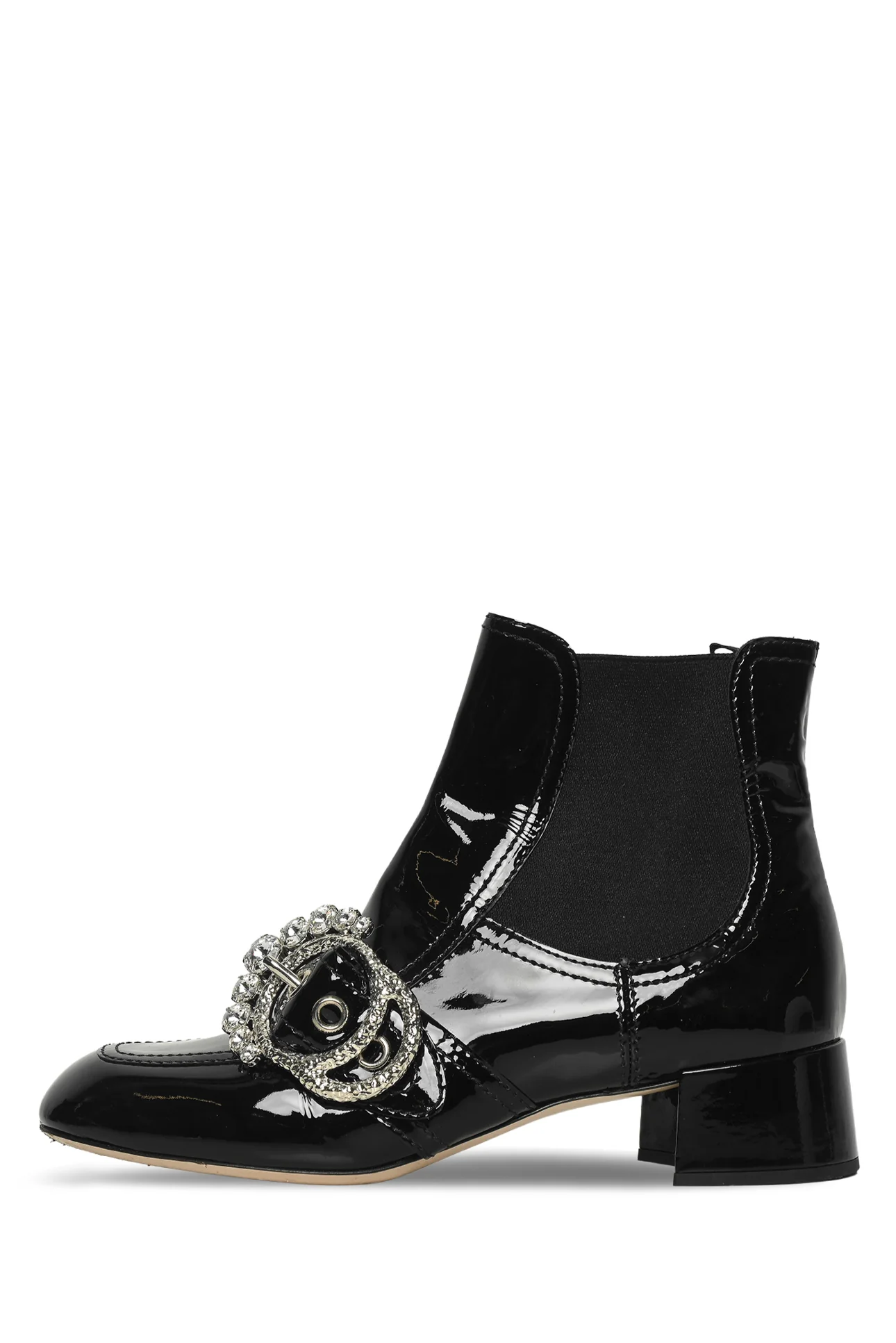 Miu Miu Size 39 Crystal Embellished Buckle Patent Leather Pull-On Ankle Boots - Image 3