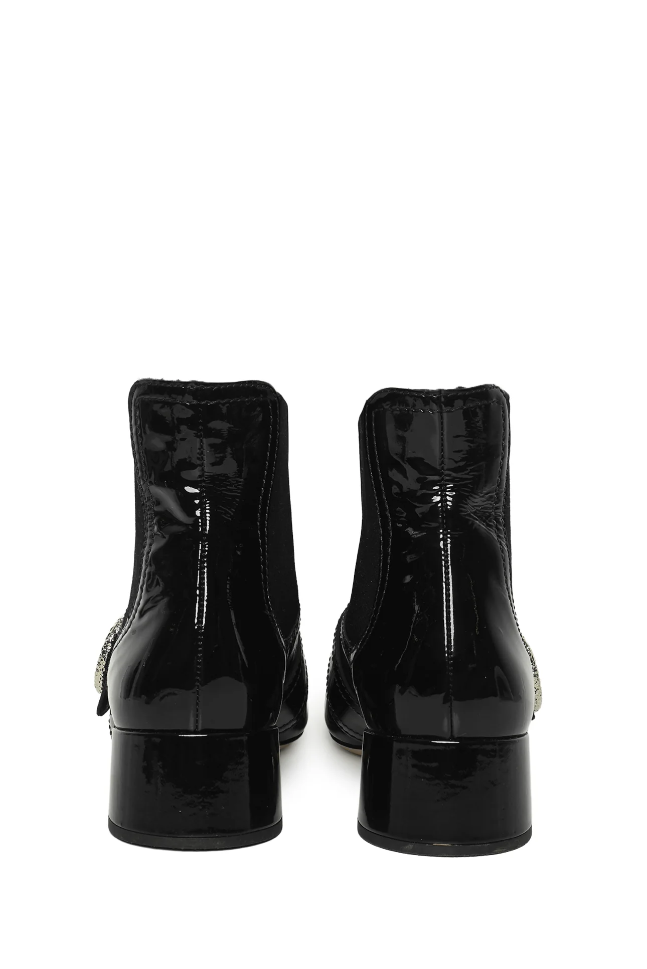 Miu Miu Size 39 Crystal Embellished Buckle Patent Leather Pull-On Ankle Boots - Image 4