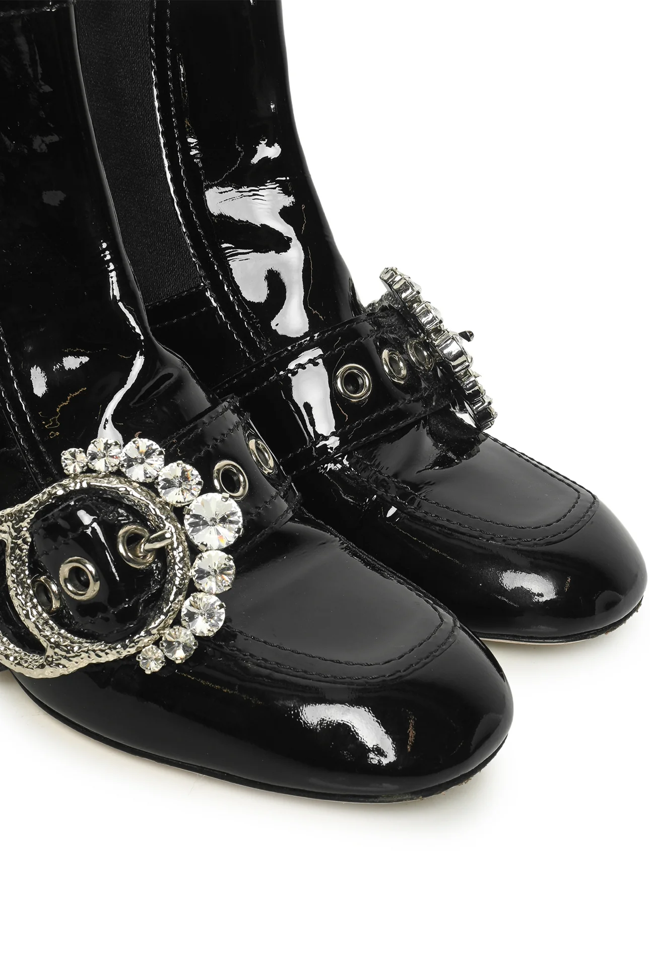 Miu Miu Size 39 Crystal Embellished Buckle Patent Leather Pull-On Ankle Boots - Image 5