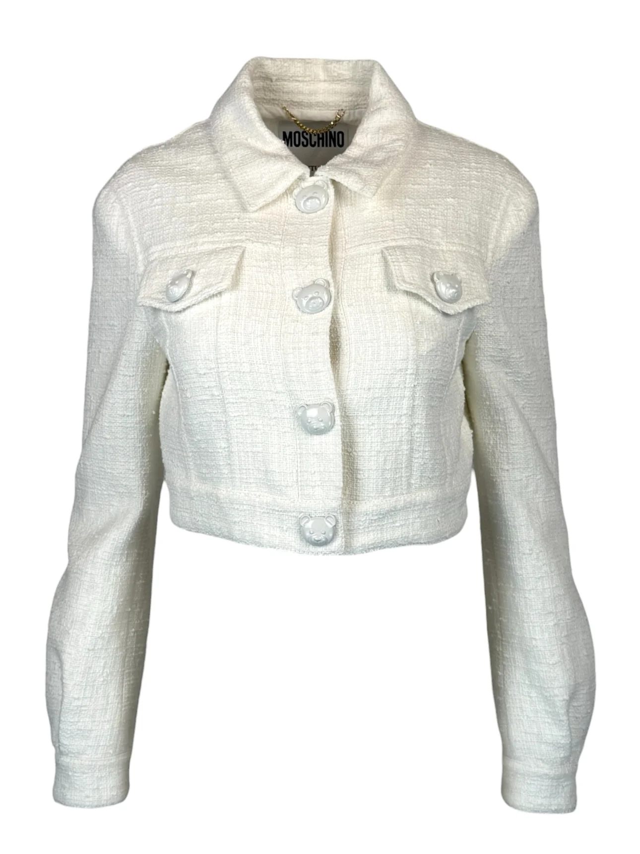 Moschino Couture Size 8 Tweed Teddy Button Detail Crop Jacket