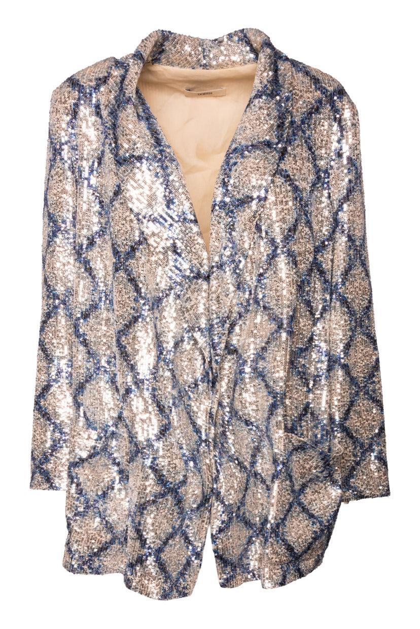 ODEEH Size 40 Diamond Print Sequin Longline Blazer