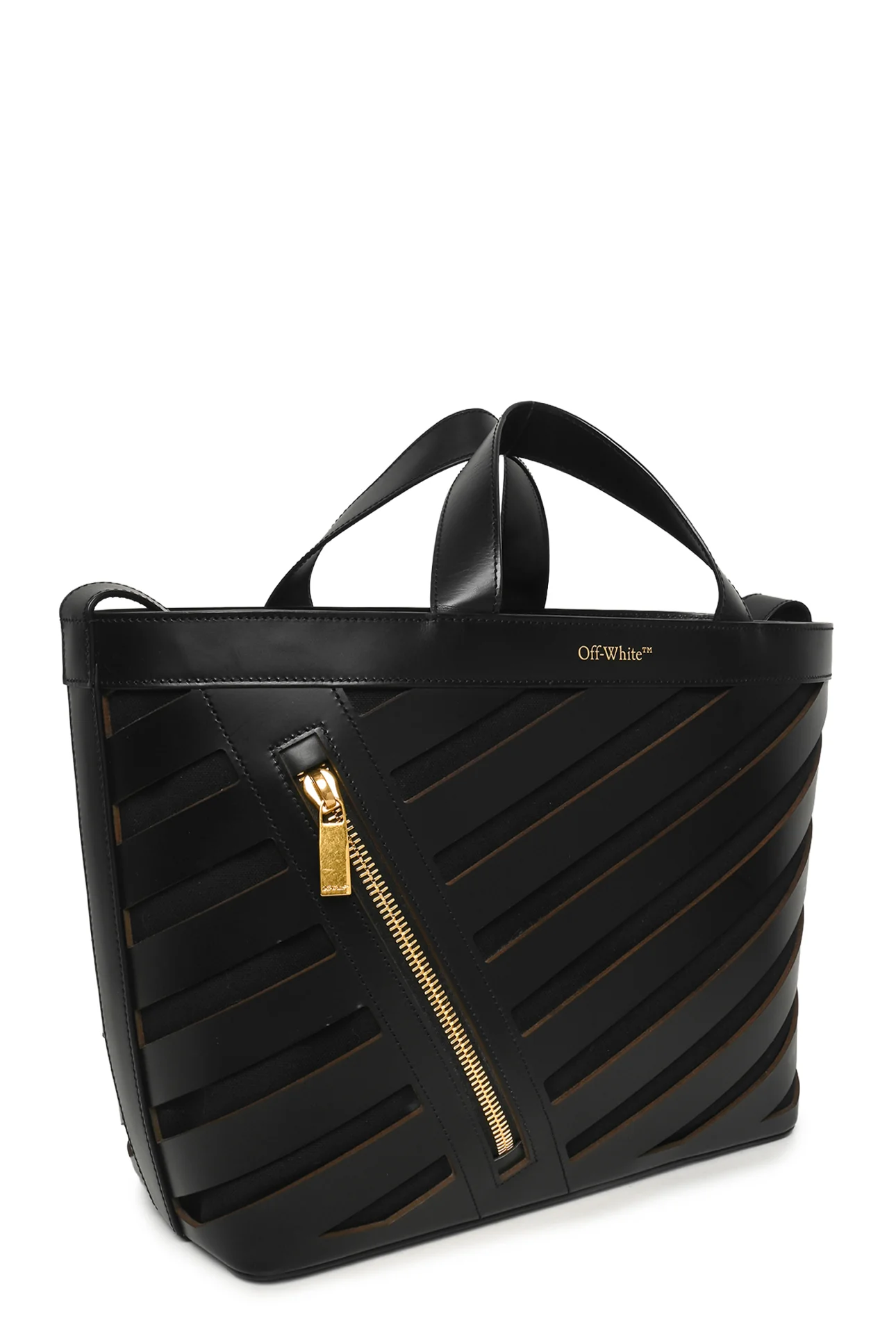Off White Diagonal Cutout Leather & Canvas Tote - Image 2