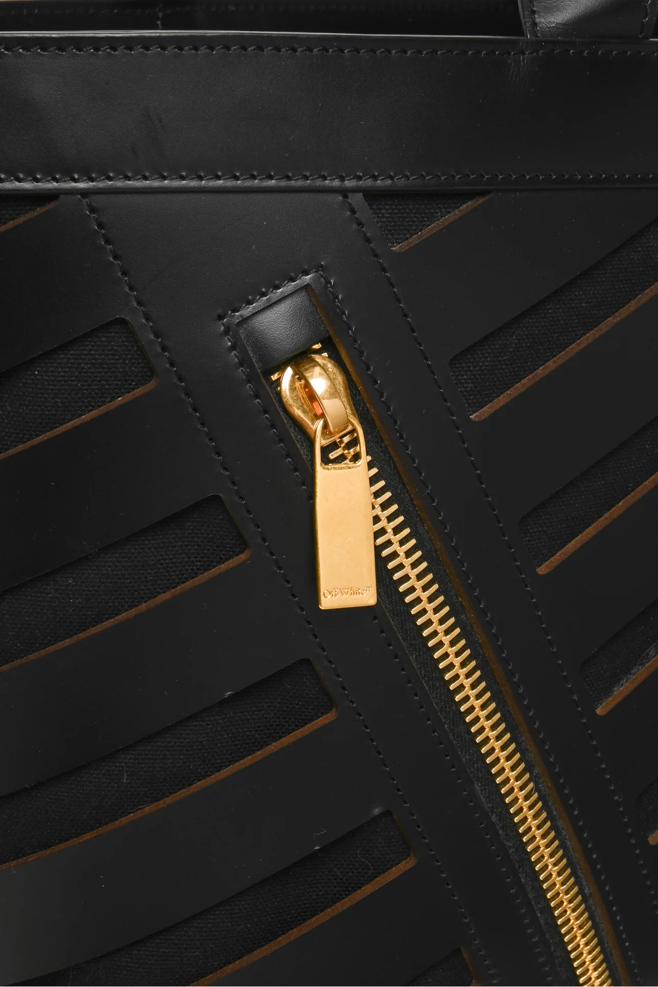 Off White Diagonal Cutout Leather & Canvas Tote - Image 6