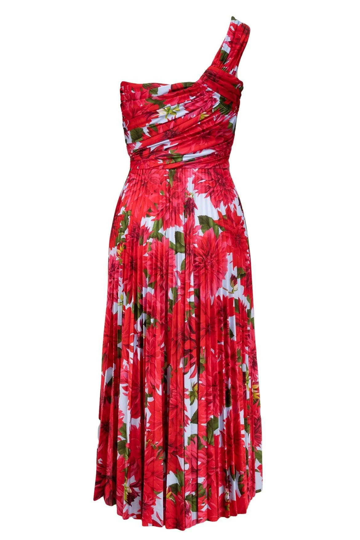Oscar De La Renta Size 6 One Shoulder Dahlia Pleated Midi Dress - Image 2