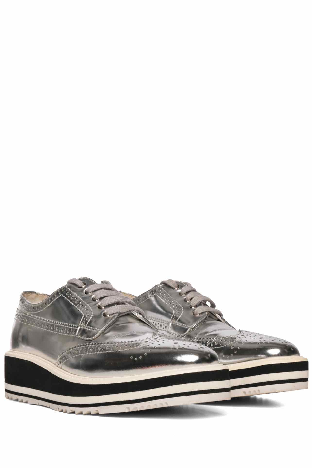 Prada Metallic Leather Brogue Oxford Flats - Image 2