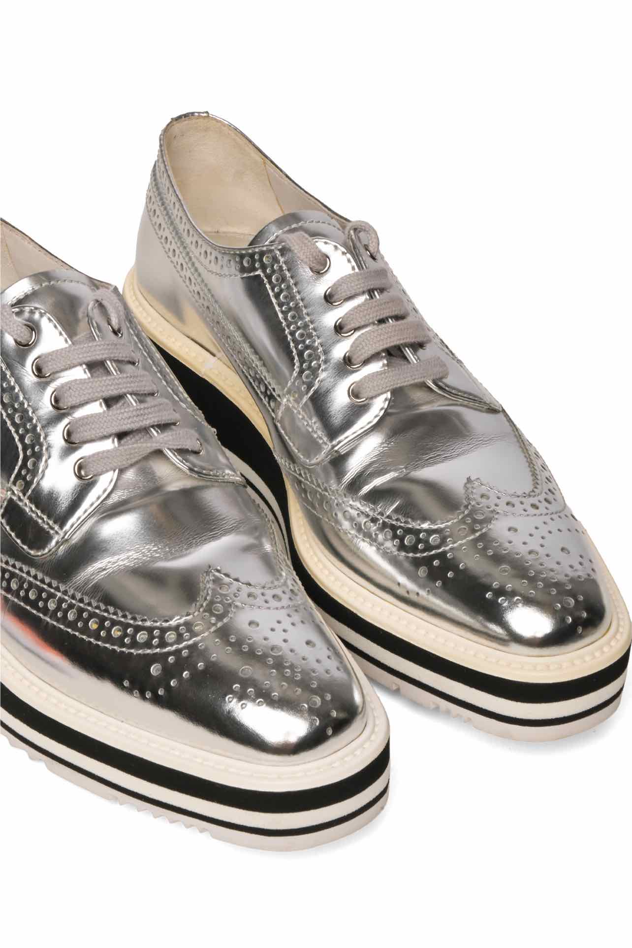 Prada Metallic Leather Brogue Oxford Flats - Image 4