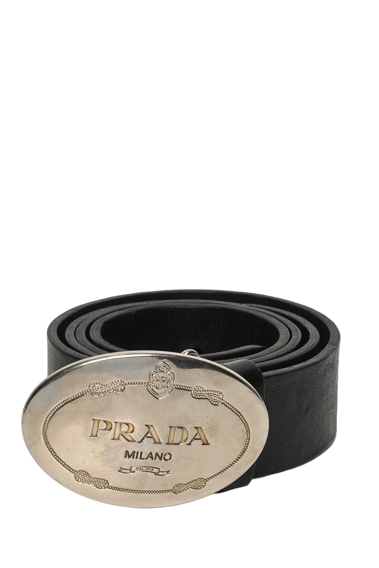 Prada Size 34 Oval Engraved Logo Buckle Belt