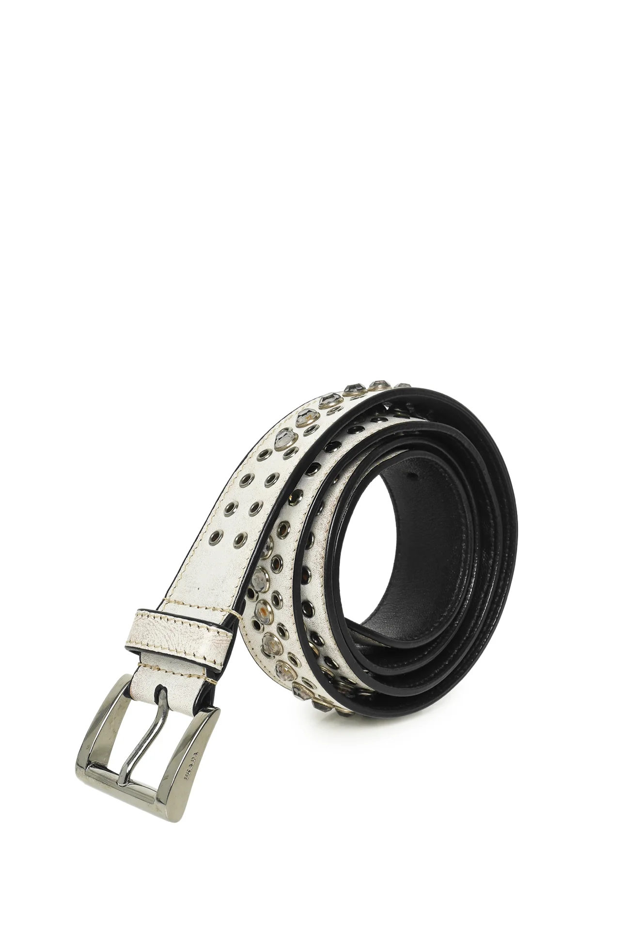 Prada Size 36 Grommet & Crystal Accent Aged Leather Belt - Image 2