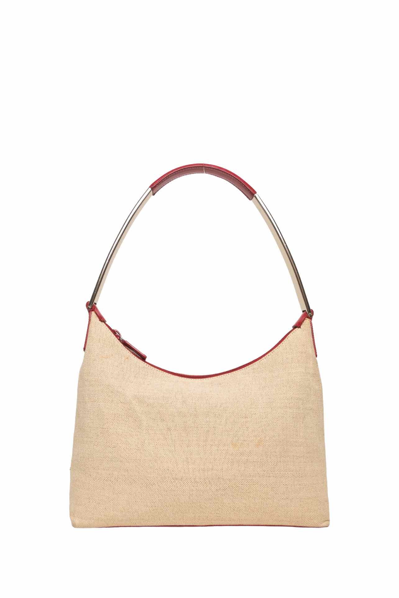 Prada Spring/Summer 1998 Enamel Metal Logo Canapa & Leather Shoulder Bag