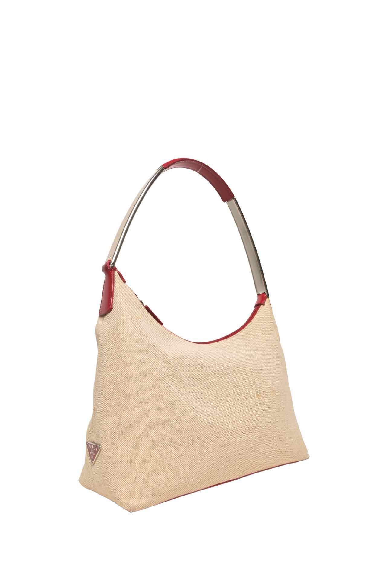 Prada Spring/Summer 1998 Enamel Metal Logo Canapa & Leather Shoulder Bag - Image 2