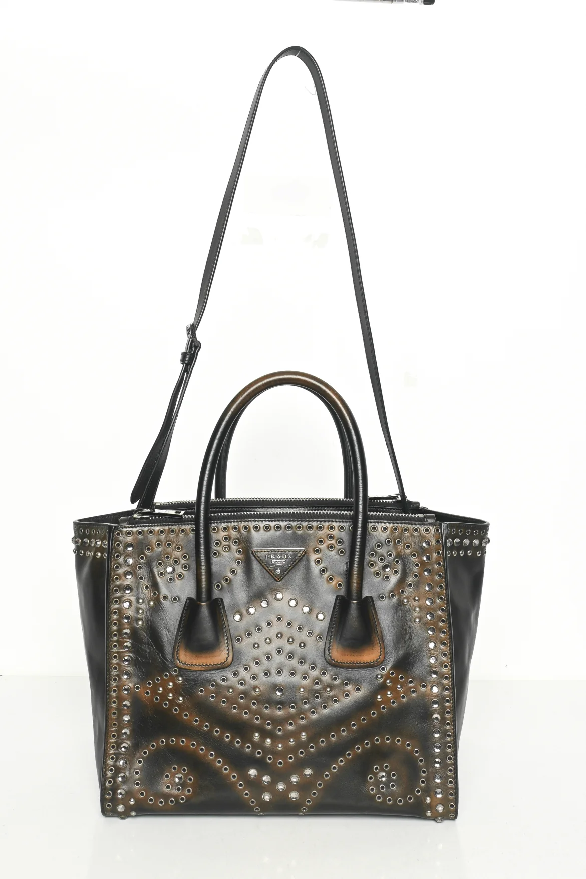 Prada Vitello Vintage Grommet Crystal Twin Tote - Image 6