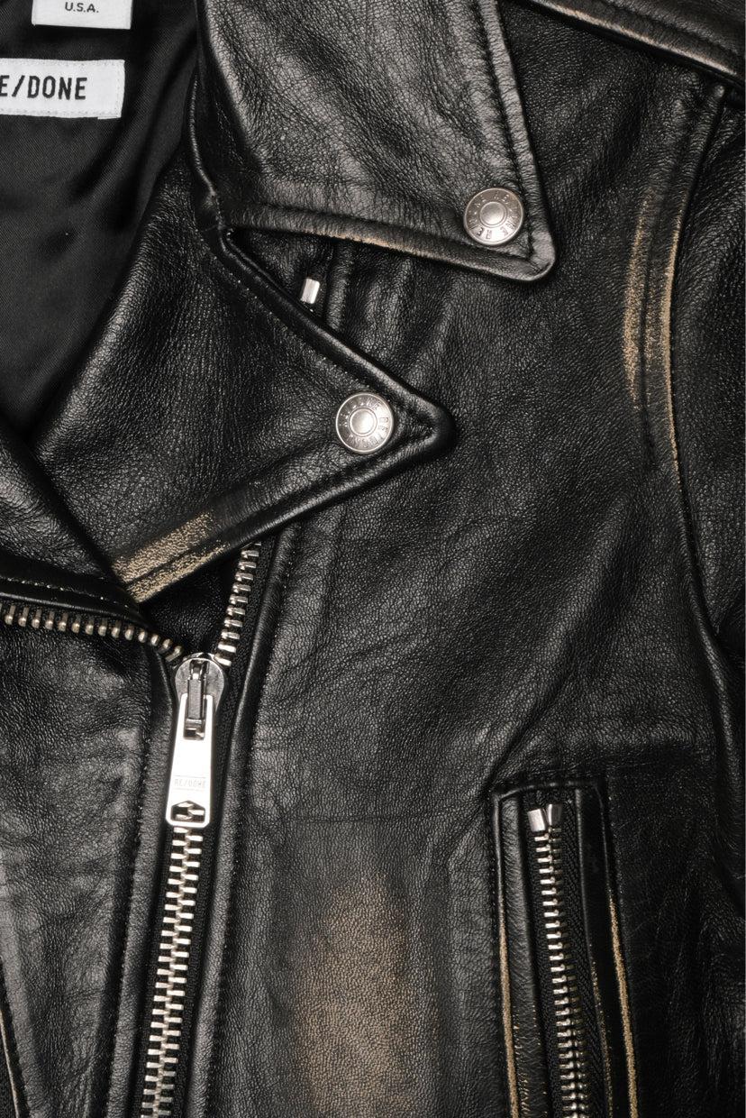 Re/Done Size XS Distressed Leather Moto Cropped Jacket - Image 3