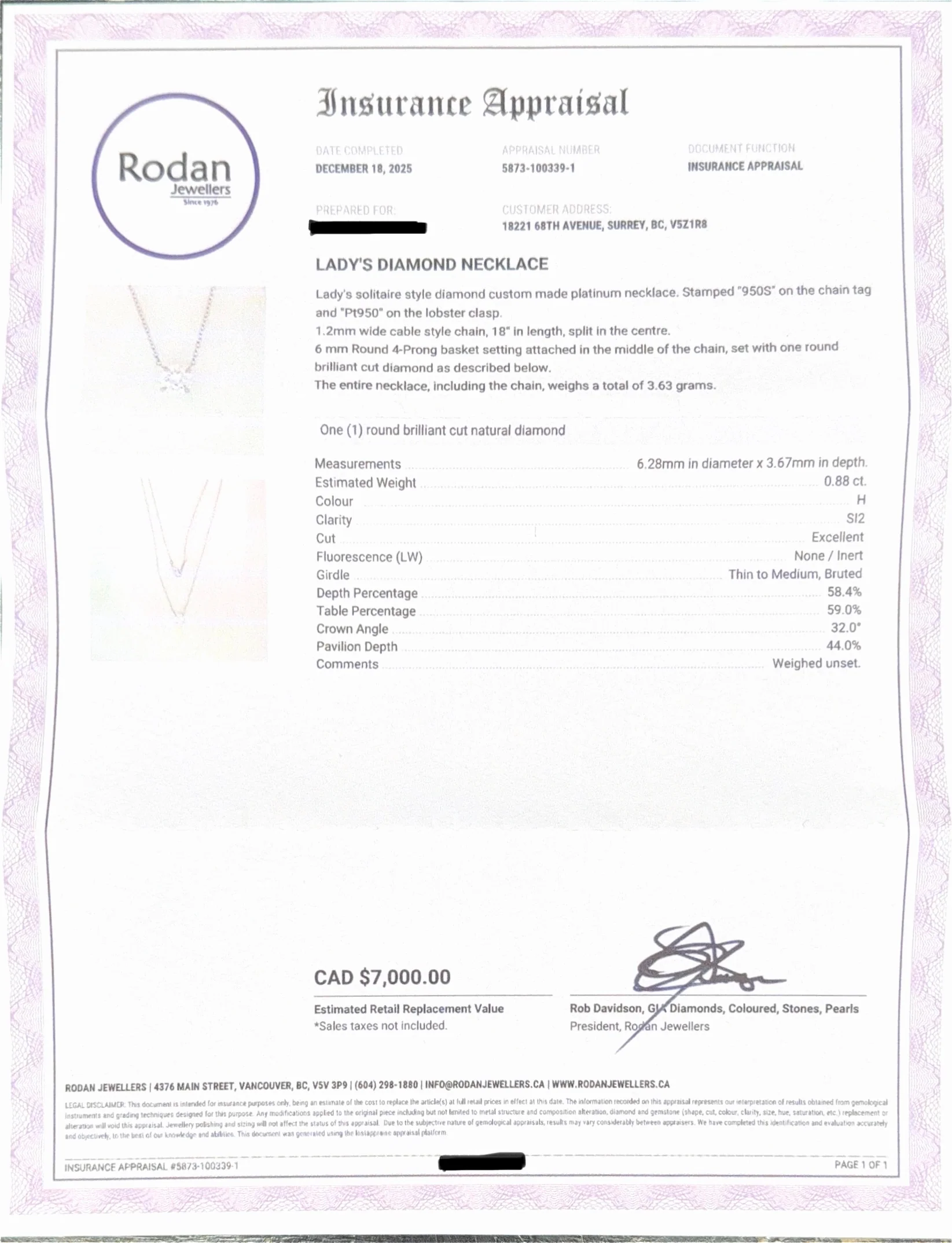 Roden Jewellers Platinum Solitaire Style Diamond Necklace - Image 4