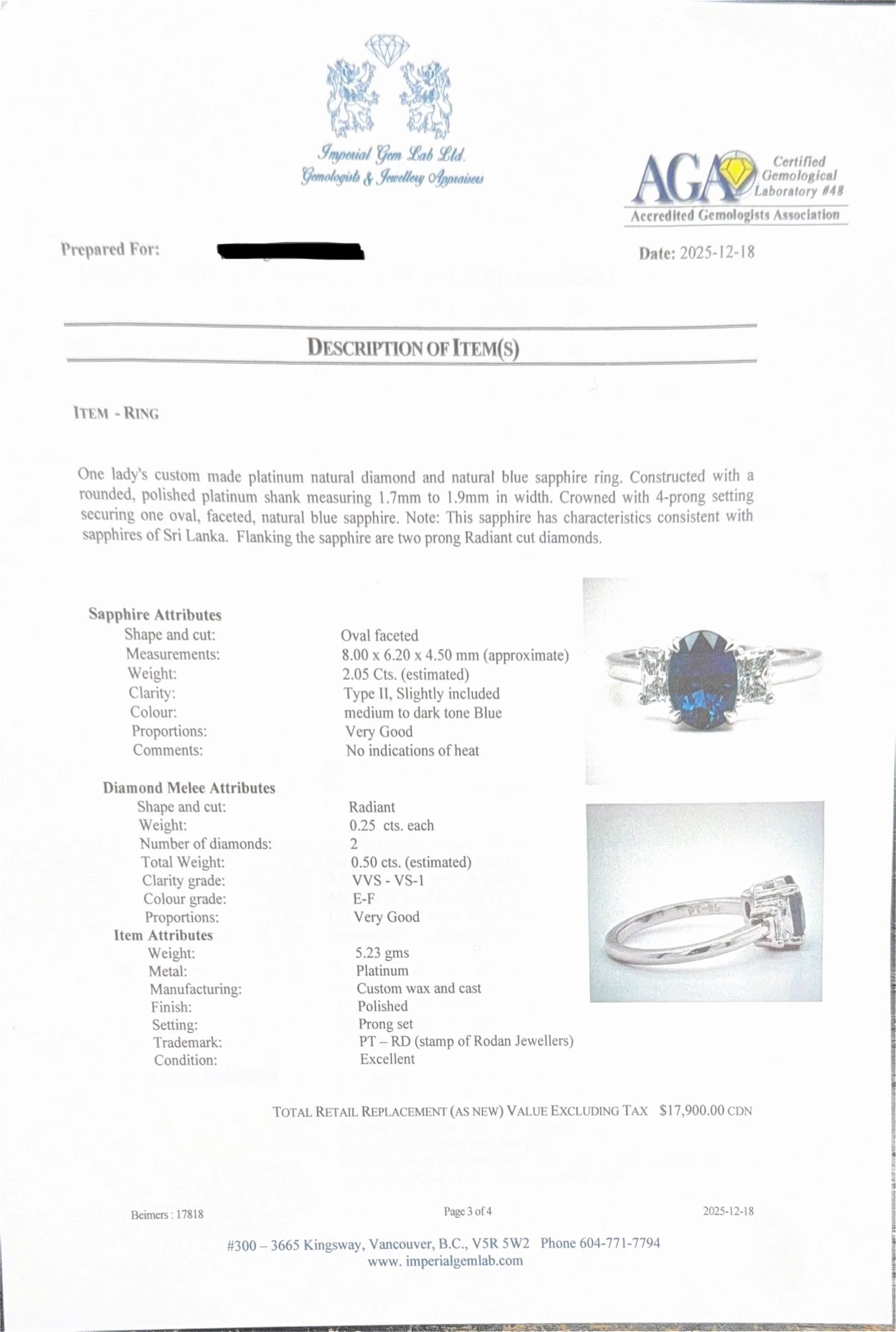 Roden Jewellers Size 6.5 Platinum Natural Diamond & Blue Sapphire Ring - Image 4