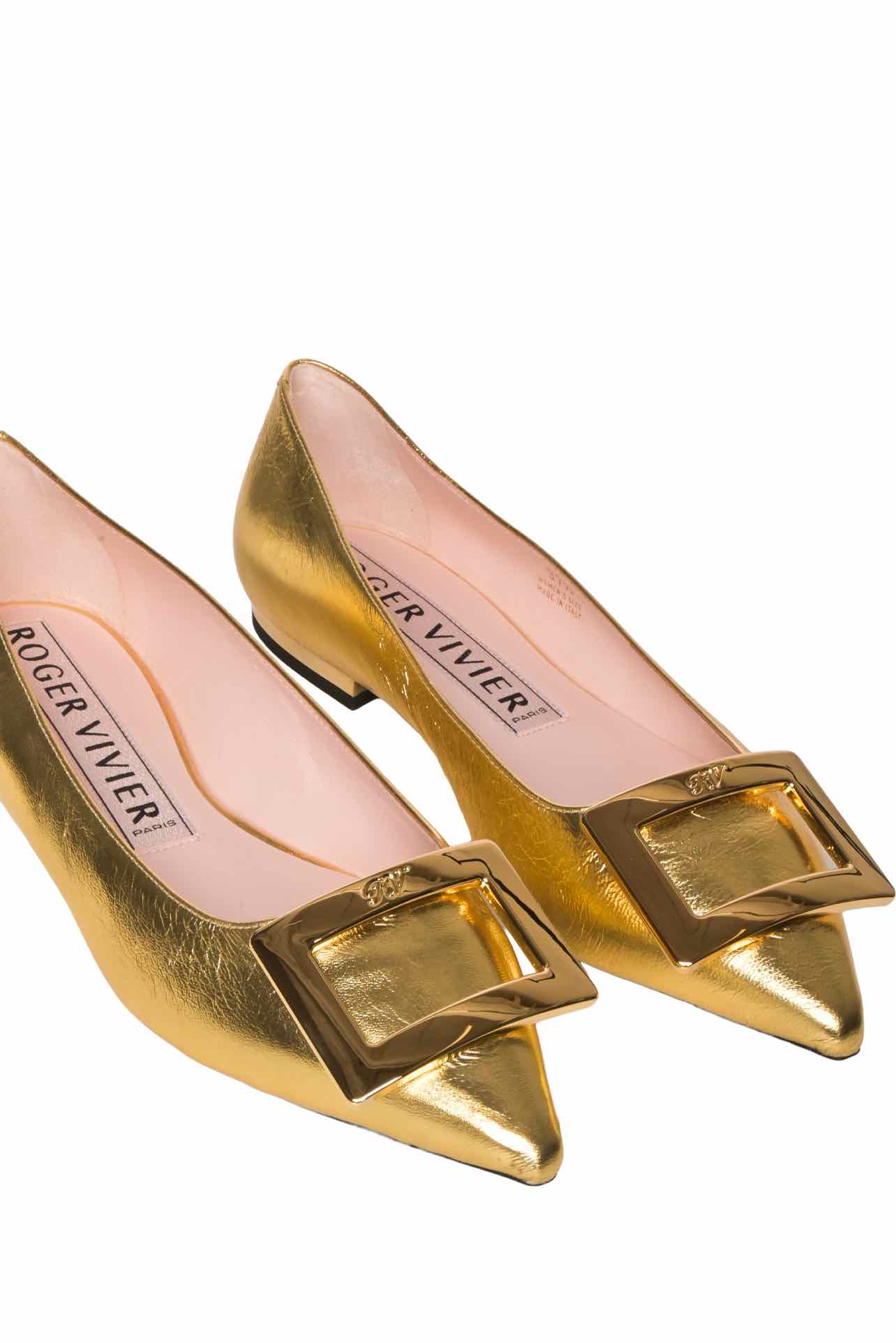 Roger Vivier Size 37.5 Gommettine Metallic Leather Ballet Flats - Image 4
