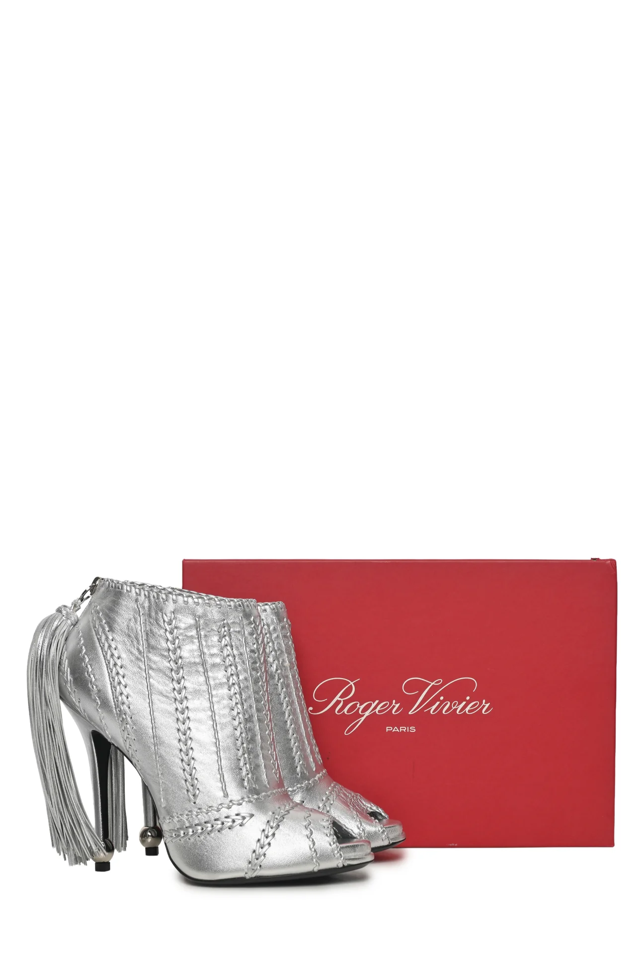 Roger Vivier Size 39.5 Whipstitched Metallic Leather Open Toe Ankle Boots - Image 6