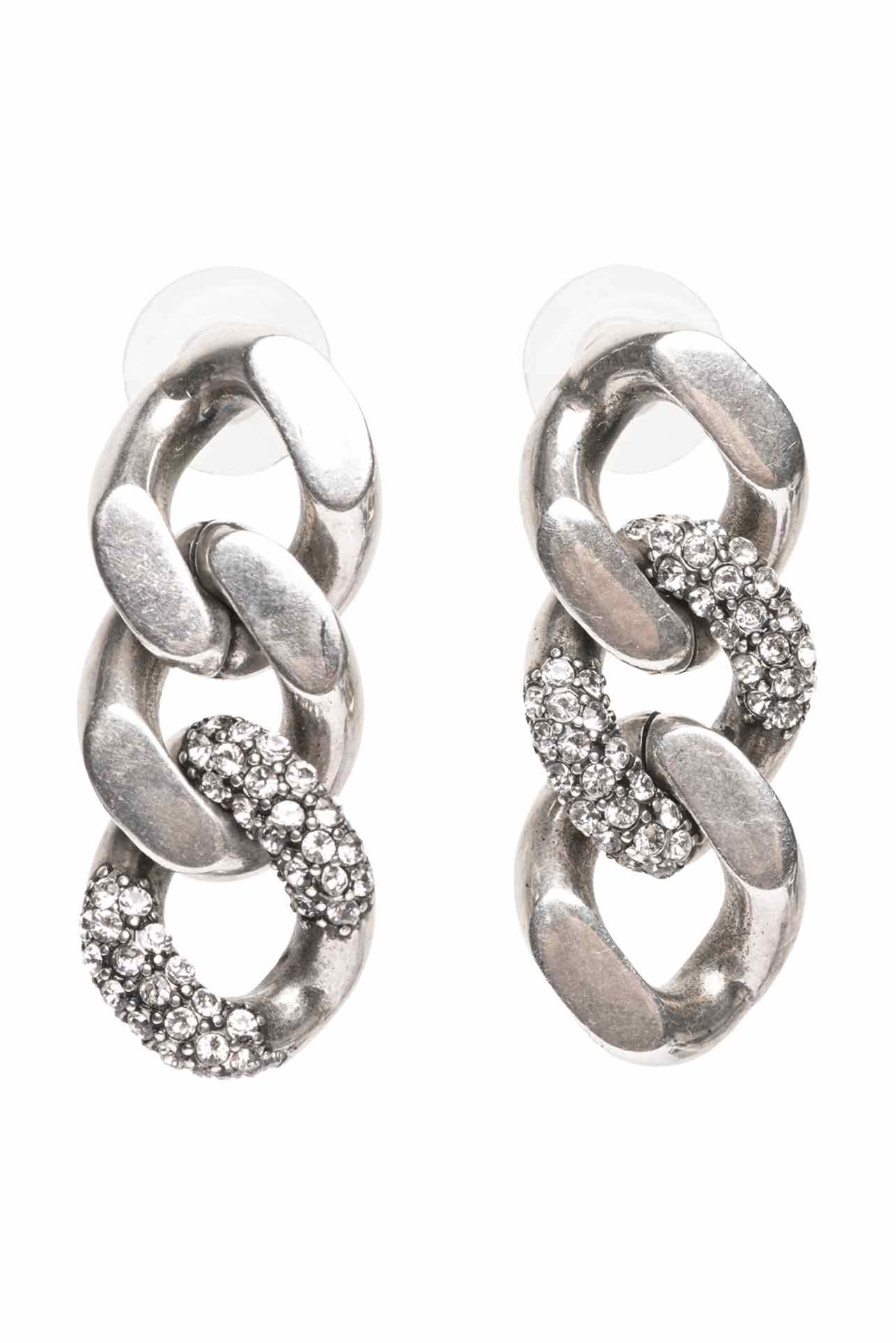 Saint Laurent Oxidized Silver-tone Three Link Asymmetric Strass Chain Earrings