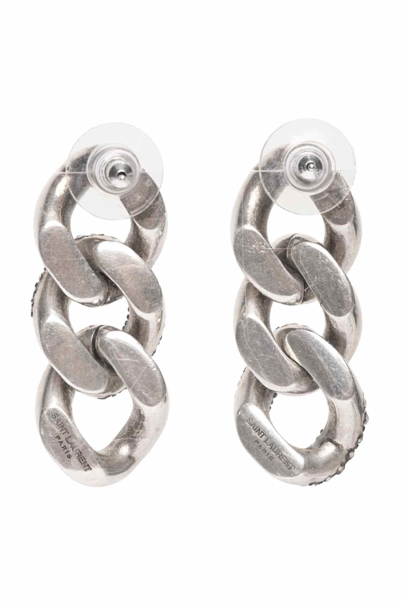 Saint Laurent Oxidized Silver-tone Three Link Asymmetric Strass Chain Earrings - Image 2