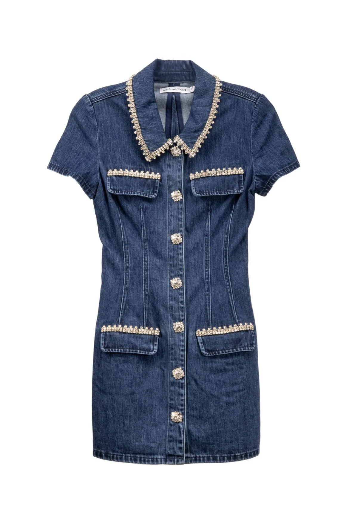 Self Portrait Size 4 Crystal Trim Denim Collared Mini Dress