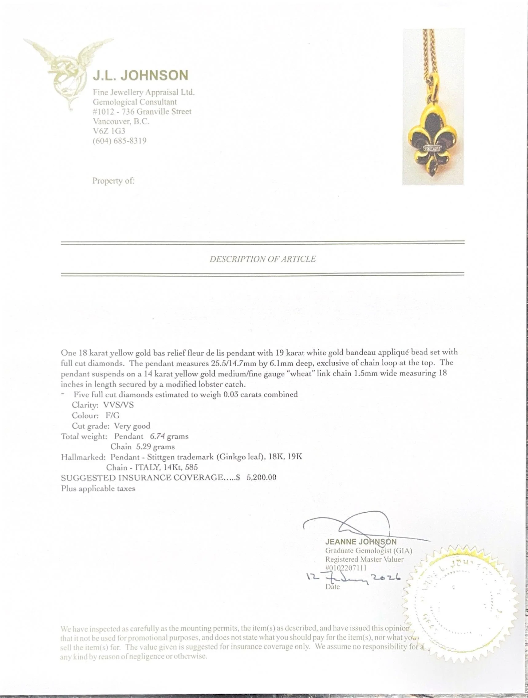 Stittgen 18K Yellow Gold Fleur de Lis Diamond Pendant Necklace - Image 3