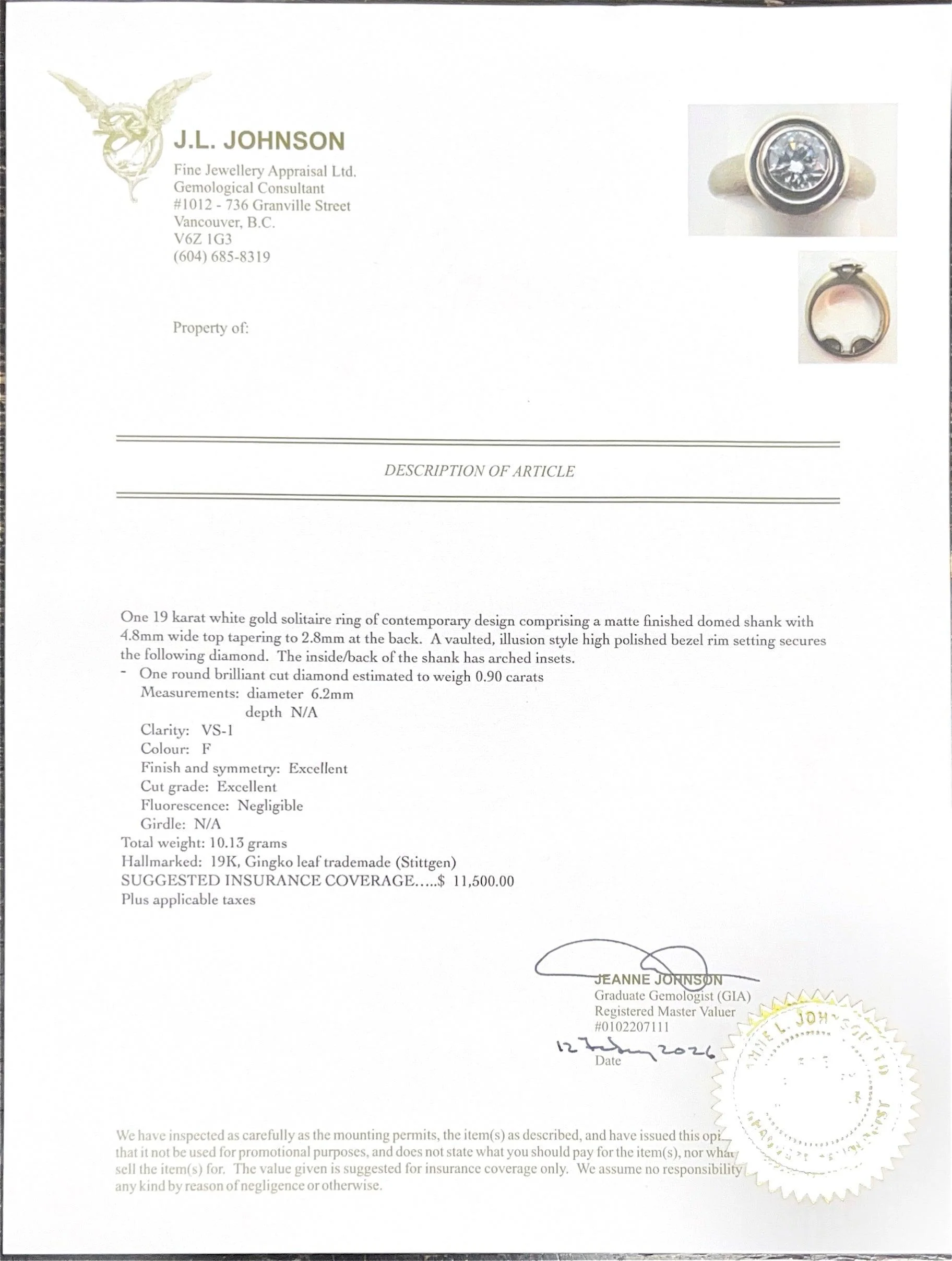 Stittgen Size 4.5 19K White Gold Solitaire Diamond Ring - Image 4