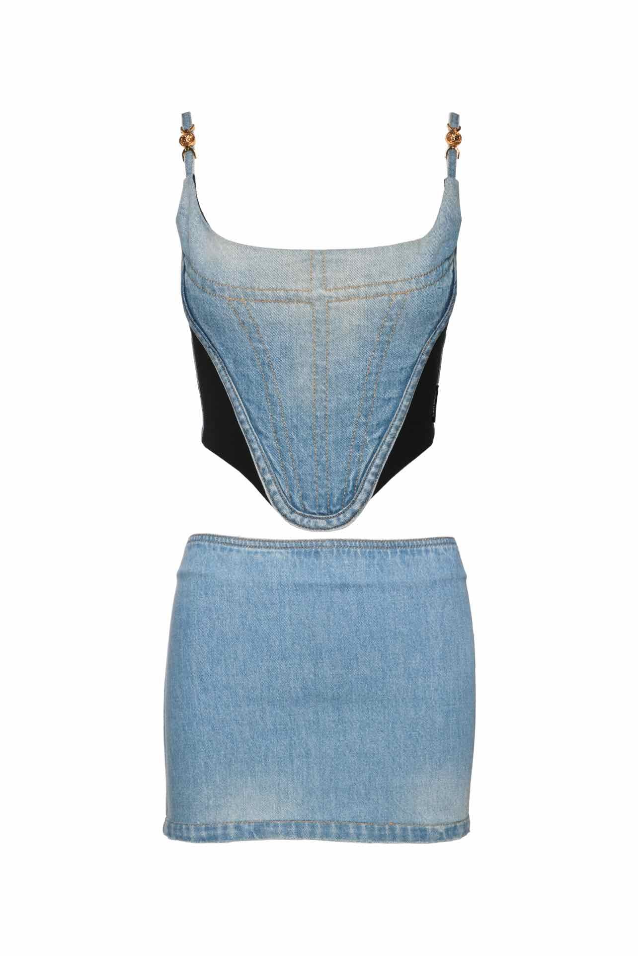 Versace Size 0/6 Medusa Denim Corset Top & Miniskirt Set