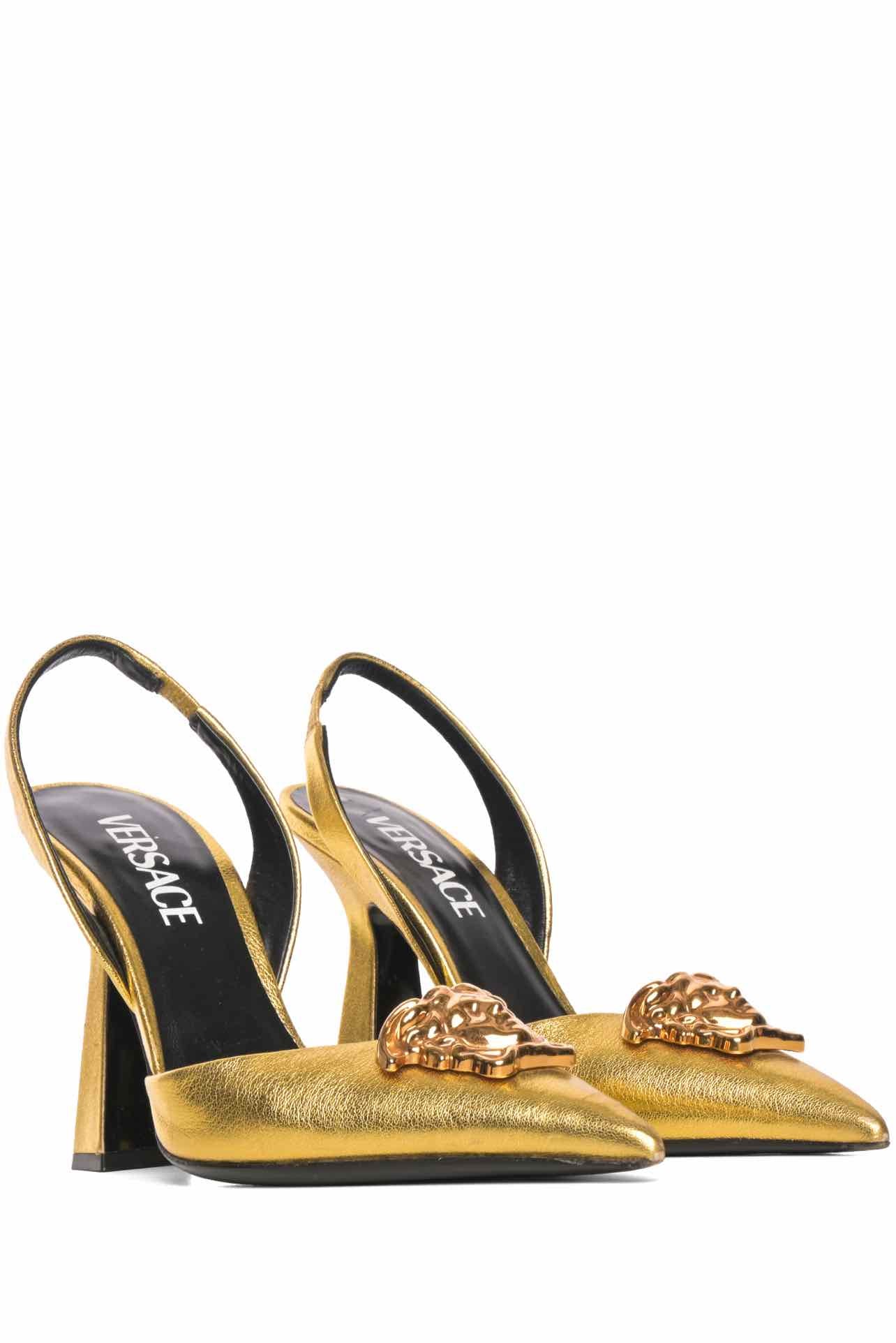 Versace Size 35.5 La Medusa Metallic Leather Slingback Pumps - Image 2