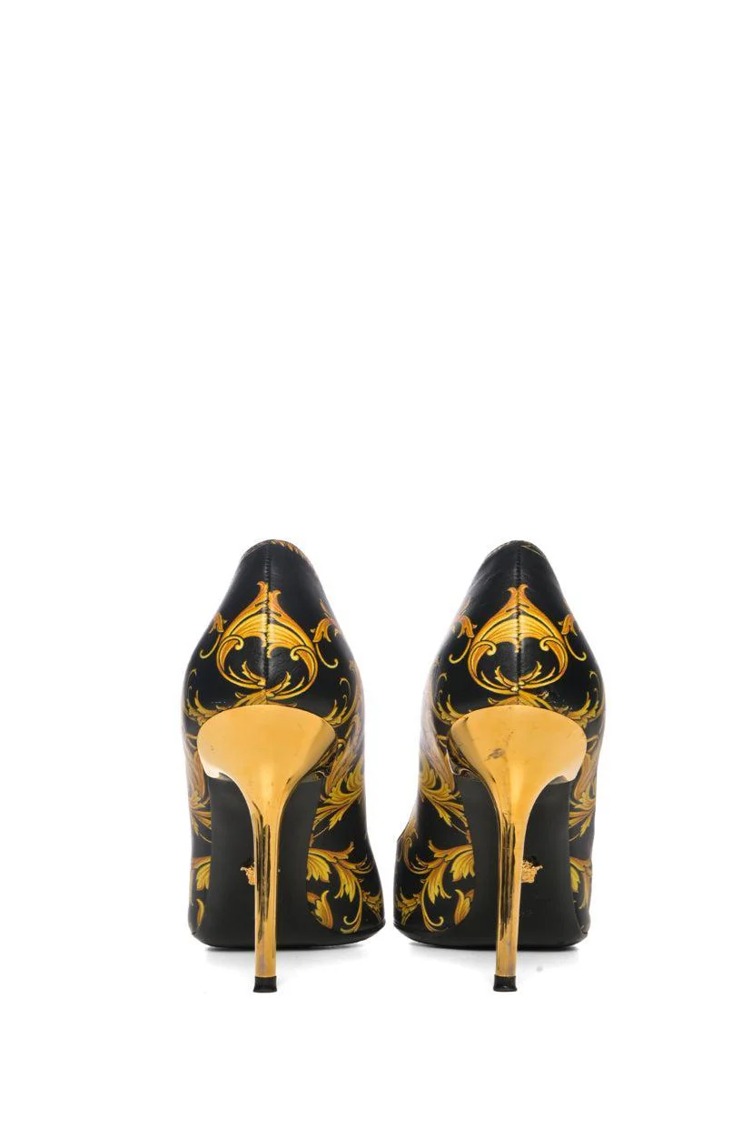 Versace Size 39 Barocco Printed Leather Medusa Palazzo Pumps - Image 4
