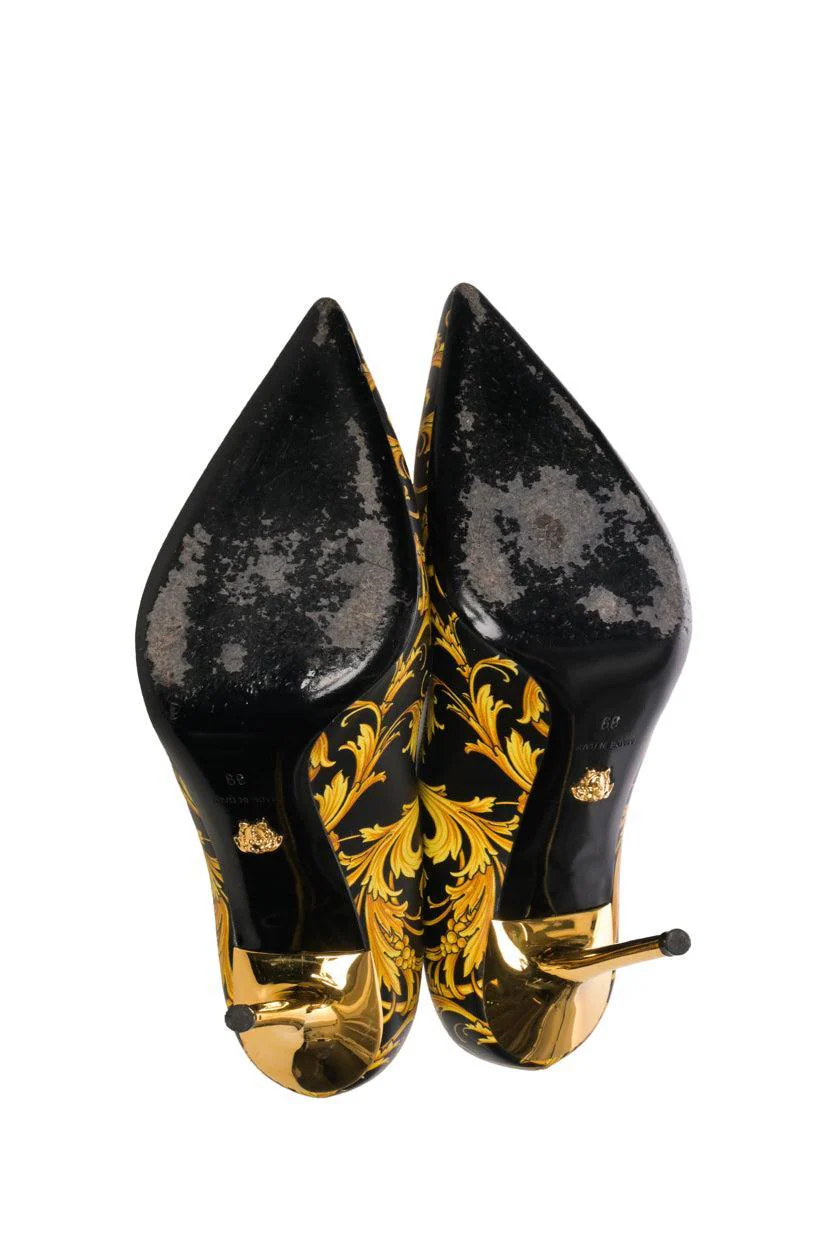 Versace Size 39 Barocco Printed Leather Medusa Palazzo Pumps - Image 5