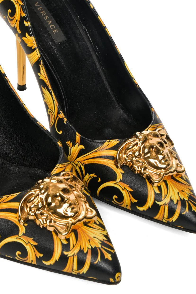 Versace Size 39 Barocco Printed Leather Medusa Palazzo Pumps - Image 6