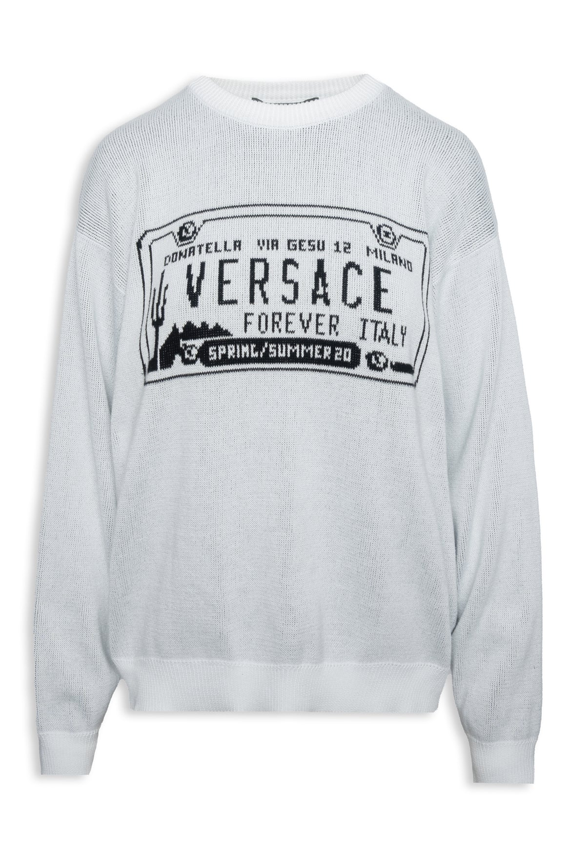 Versace Size 48 Men's Spring/Summer 2020 License Plate Intarsia Knit Sweater
